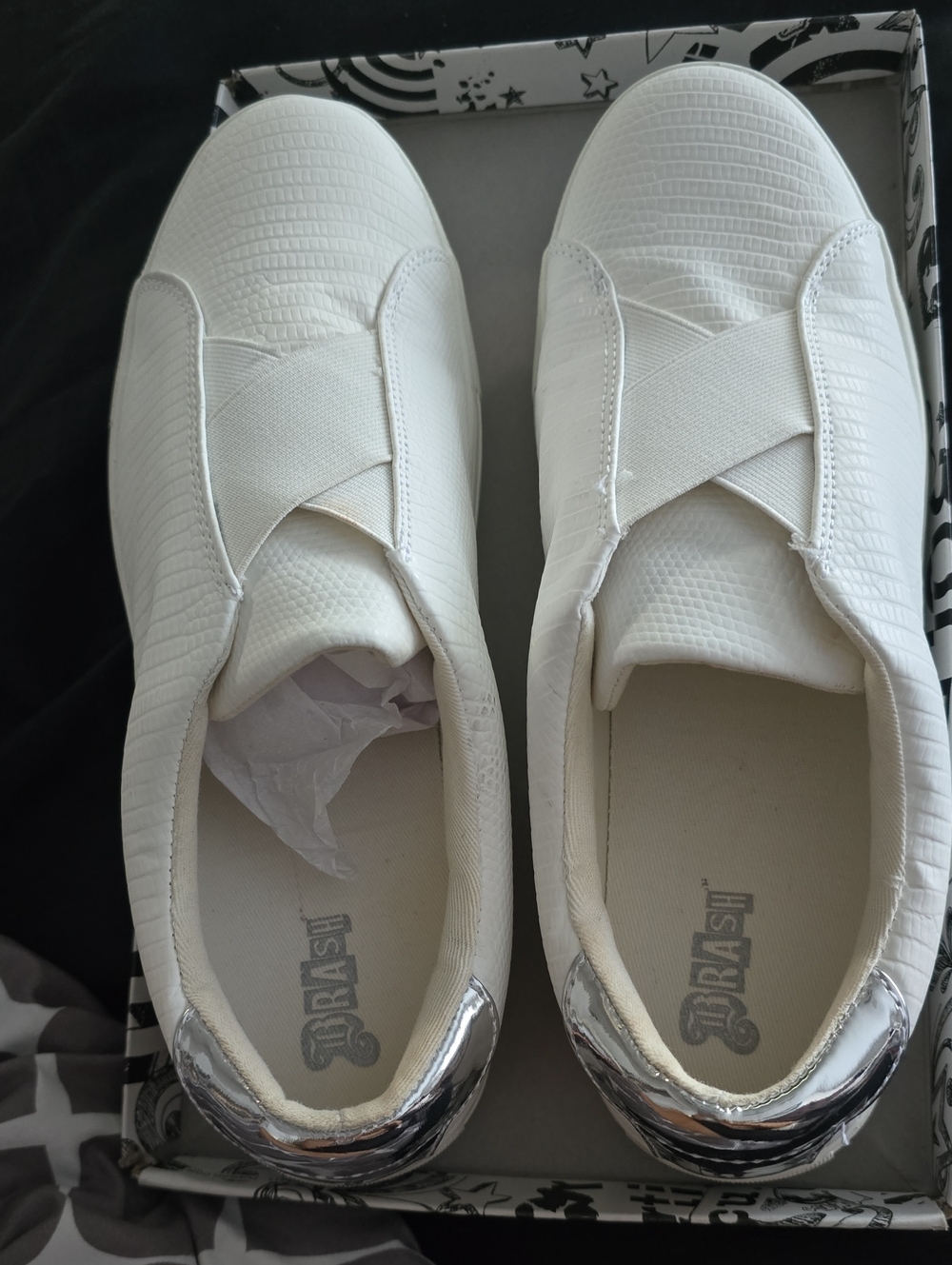 Brash White Slip-On Sneakers with Silver Heel Accent